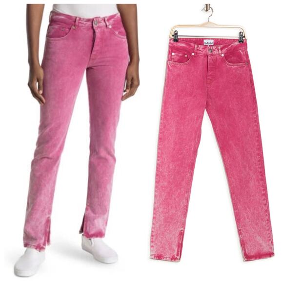 Ganni Washed Denim Slit Jeans Fuchsia Red - Picture 1 of 13